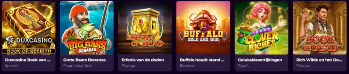 Populaire gokkasten bij Dux Casino, waaronder Book of Rebirth, Big Bass Bonanza, Legacy of Dead, Buffalo Hold and Win, Lucky Clover Riches en Rich Wilde and the Book of Dead