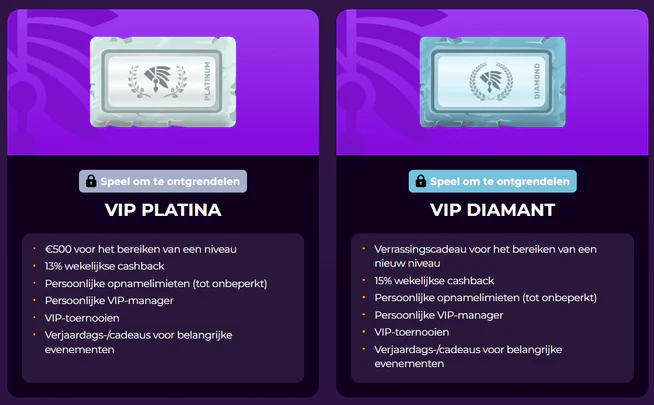 VIP-niveaus Platina en Diamant bij Dux Casino met wekelijkse cashback van 13% tot 15%, persoonlijke VIP-manager, exclusieve toernooien en speciale beloningen